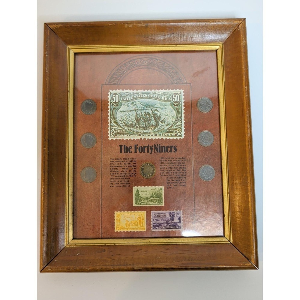 Vintage "The Forty Niners" Framed Coin & Stamp Display – Liberty V Nickels 1899–